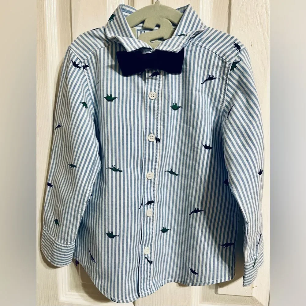 Old Navy Blue Striped Dino Dress Button Up Shirt Long Sleeve & Tie 3T Boys NWOT